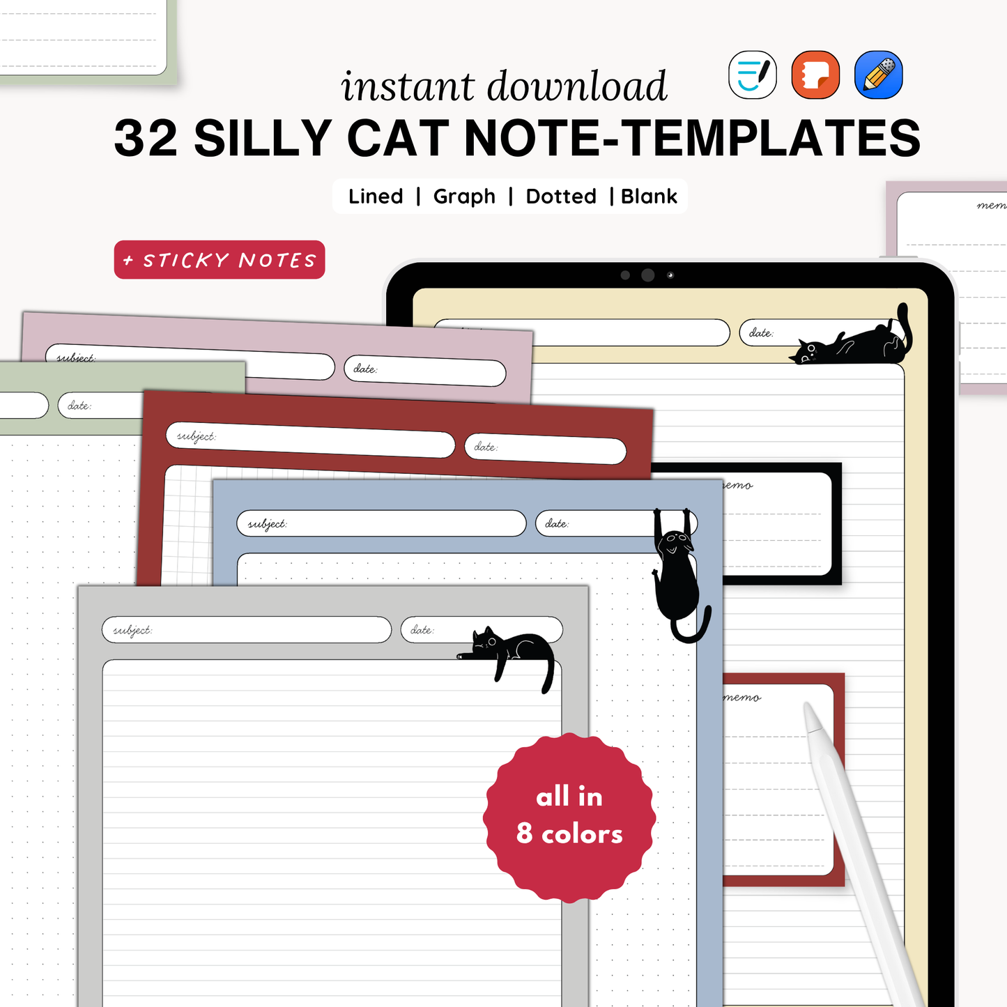 32 Silly Cat Note-Taking Templates